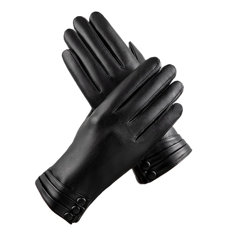 Women's Gloves Winter Outdoor Fashion Comfortable Warm Glove Plush Touch Screen Driving PU Leather Gloves