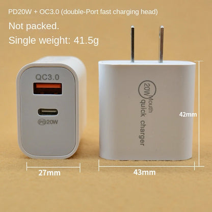 Dual Port Charger For Iphone Apple PD20W Fast Charging Head Type-C US Standard 20W Multi Port QC3.0 USB Charger