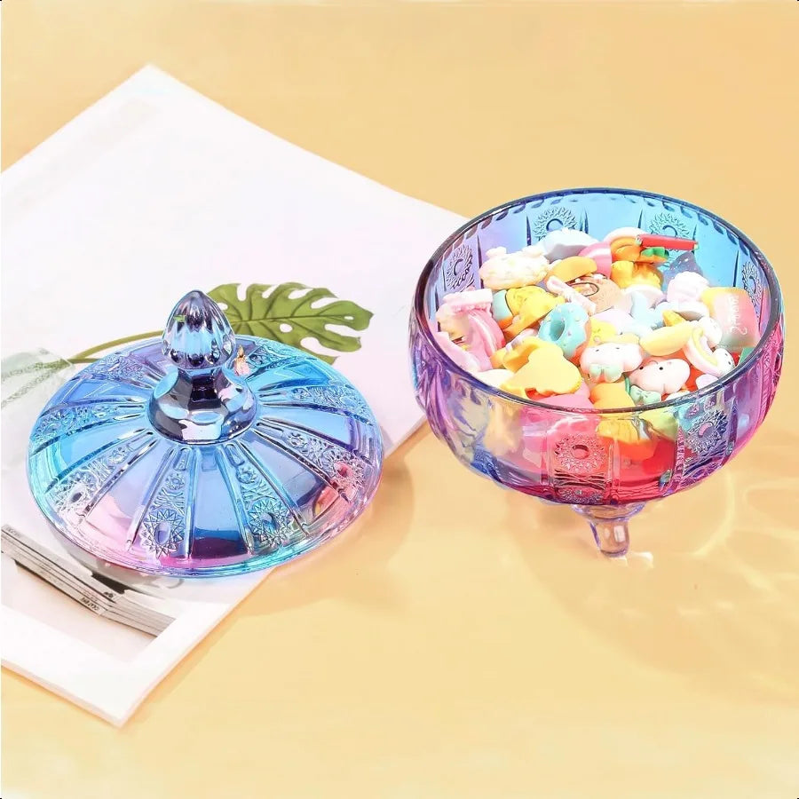 Purple Glass Candy Dish with LidEmbossed Candy Jar with Lid 16oz Vintage Candy Dishes Bowl with Lids for Office Desk Coffee Tab