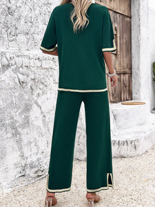 High Quality Elegant Women Clothing 2024 Temperament Casual Solid Color Knitted Shite Sleeved Suit Sweatpants Wide Leg Pants Y2k