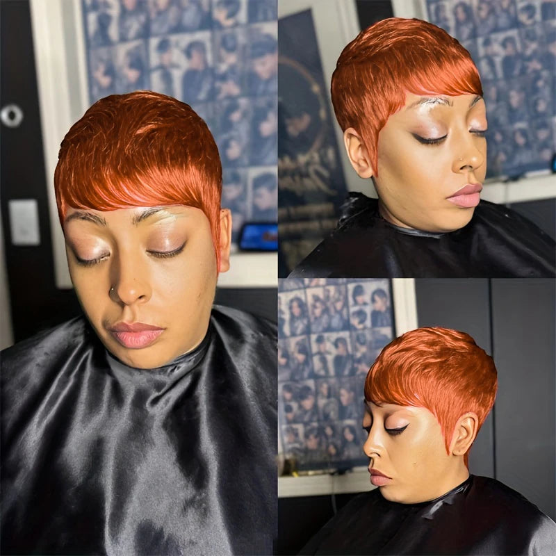 Short Layered Pixie Cut Wig With Bangs 100% Brazilian Human Hair Ginger Orange 350 180% Density Machine Made Wigs
