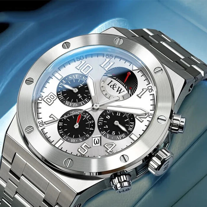 I&W Men Automatic Watch 41mm Luxury Mechanical Wristwatch Waterproof Sapphire Steel Strap Power Reserve Indicator Month Week