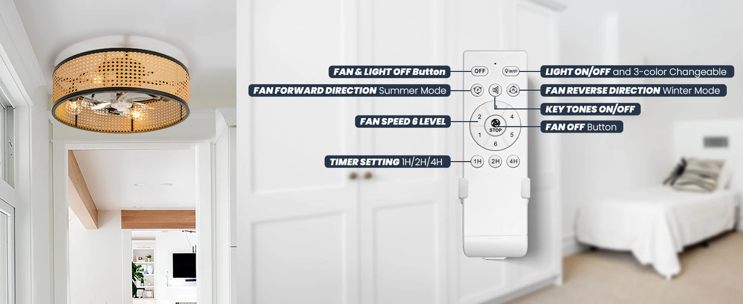 20" Flush Mount Ceiling Fan with Light & Remote Control, Drum Shade, Bladeless/Quiet Motor/Low Profile, for Kitchen Bedroom