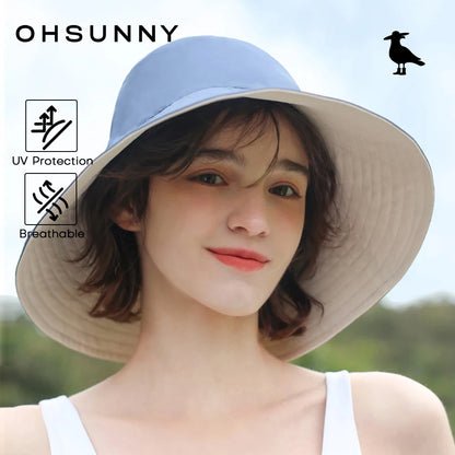 OhSunny Fisherman Hats for Women,Womne's Bucket Sunhat Double-Sided Wearing,UPF50+ Large Brim Hiking Hats with Ponytail Hole