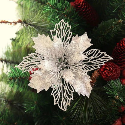 10pcs/set Christmas Glitter Flower 10cm Gold Silver Red Artificial Floral Head Xmas Tree Decoration Home New Year Navidad Gift