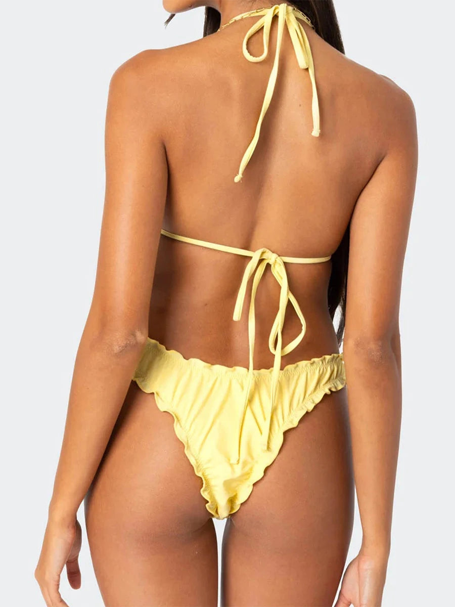 Women s Ruffle Trim Halter Neck Tie-up Bikini Set with High Waisted Bottoms for Beach Pool Party Outfits