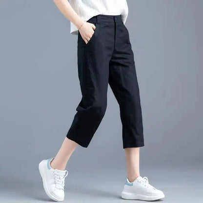 Women Clothing New Summer Simple Casual Cotton Linen Haren Capri Pants Female Solid High Waist Loose Cropped Trousers Pantalones