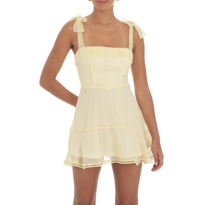 Women Summer Casual Dress Floral Print Tie-Up Shoulder Strap Mini Dress Fashion Double Layer Backless Cami Dress