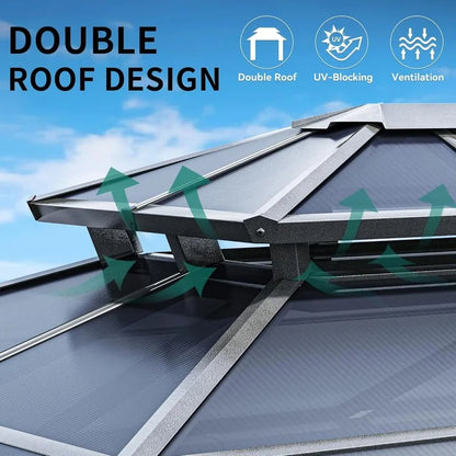 10x12FT Hardtop Gazebo Outdoor Polycarbonate Patio Canopy with Double Top, Galvanized Iron and Aluminum Structure, Garden Tent