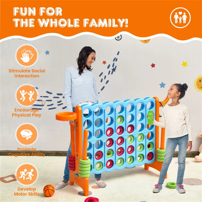 4-in-A-Row Jumbo 4-to-Score Giant Game w/Basketball Hoop Ring Toss 42 Jumbo Rings Indoor Outdoor Family Connect Game for Kids