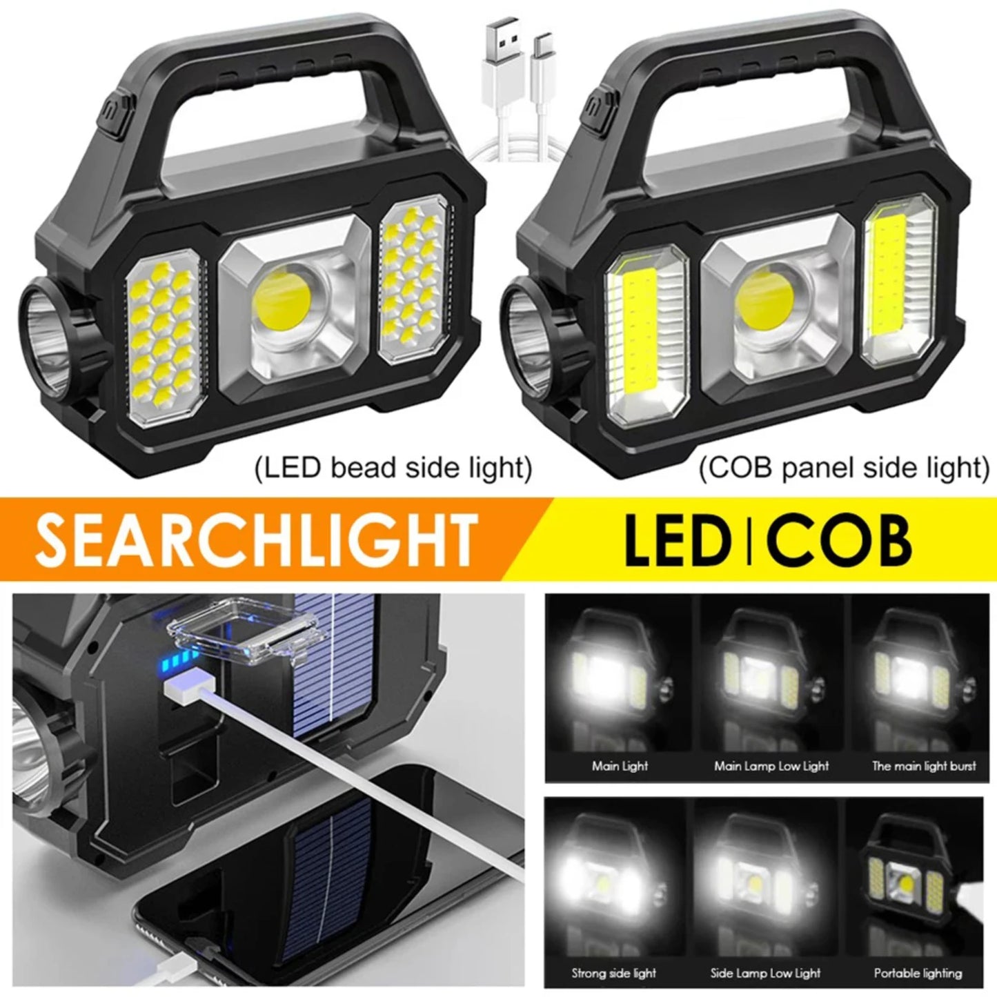 New Flashlight USB Charge  Torch 6 Gear COB/ Torch Light Portable Powerful Lantern Solar Light  Camping Hiking