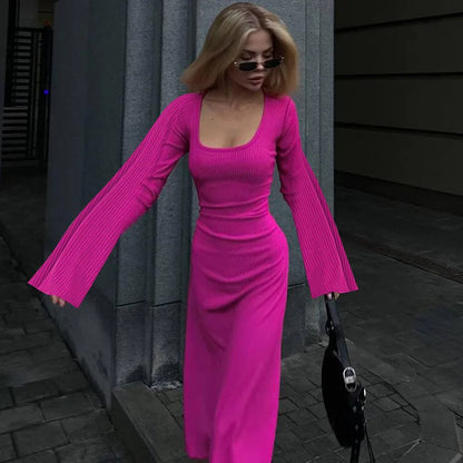 Women's clothing 2025 autumn new product fashionable loose U-neck back tied long sleeved dress