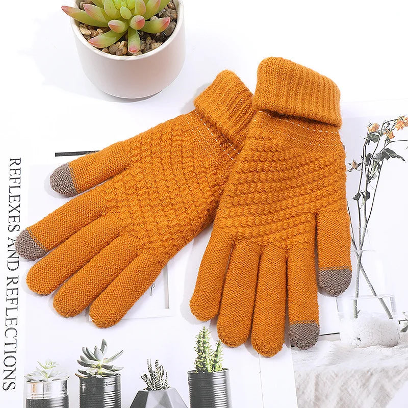 Women Men Warm Winter Touch Screen Gloves Stretch Classical Knit Mittens Wool Full Finger Outdoor Cycling Driving Glove