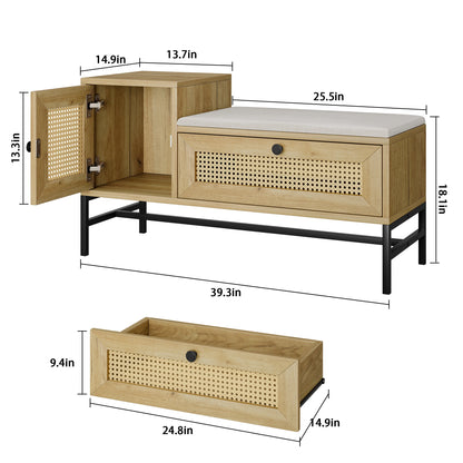 Rattan Shoe Bench with Linen Seat Cushion, Entryway Bench with Storage Cabinet, Wooden Storage Bench for Hallway and Bedroom