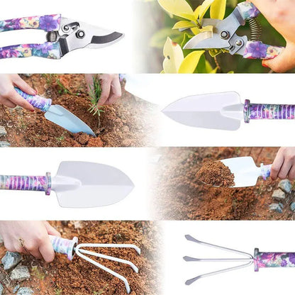 Garden Tools Set Garden Planting Floral Print Ergonomic Handle Trowel Rake Weeder Pruner Shears Sprayer Garden Printing Tool Set
