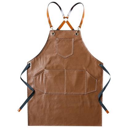 Thickened Leather Working Apron Cross Back Adjustable Chef Apron Waterproof Multi-Pocket Sleeveless Adjustable Strap Clothes