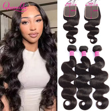 Load image into Gallery viewer, Queenlike 26 28 30 32 inch Body Wave Bundles 100% Human Hair with 4x4/5x5 Lace Closure Brazilian Raw Hair Bundles for Women

