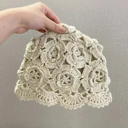 Women's Retro Literary Knitted Hat Spring and Autumn Thin Hollow Woolen Hat Handmade Woven Hat Fashion Hats for Women Lady Cap