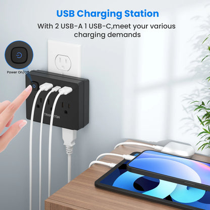 Mini Portable Surge Protector Power Outlet, 9-in-1 Multi-Function 6 Outlets 2 USB Ports 1 Type-C,for home, travel, office, Black