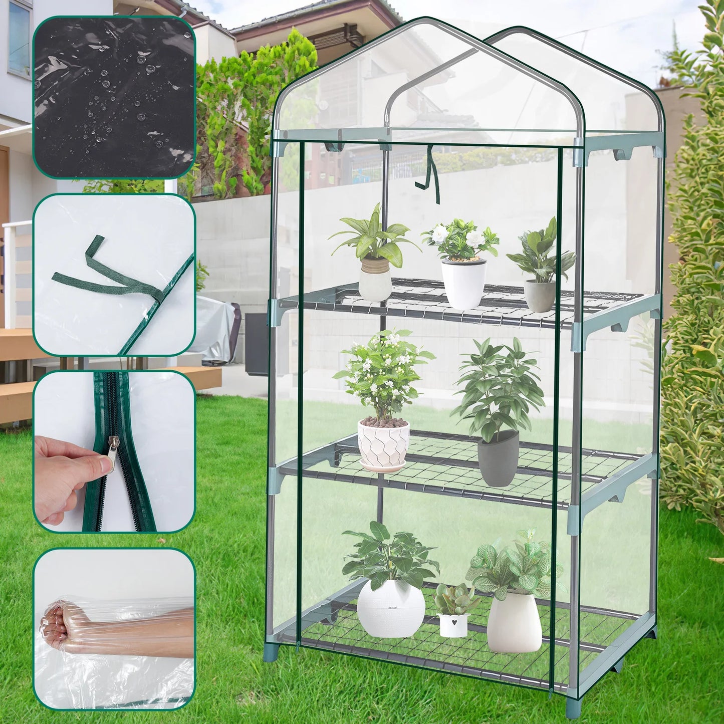 Garden Greenhouse 4 Tier Walk-in Green House Transparent Cover with Doors & Windows Small Waterproof Frost Without Iron Frame