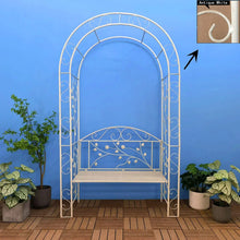 Load image into Gallery viewer, Garden arch bench, decorative wrought iron arch with seat, suitable for climbing plants and outdoor wedding arch
