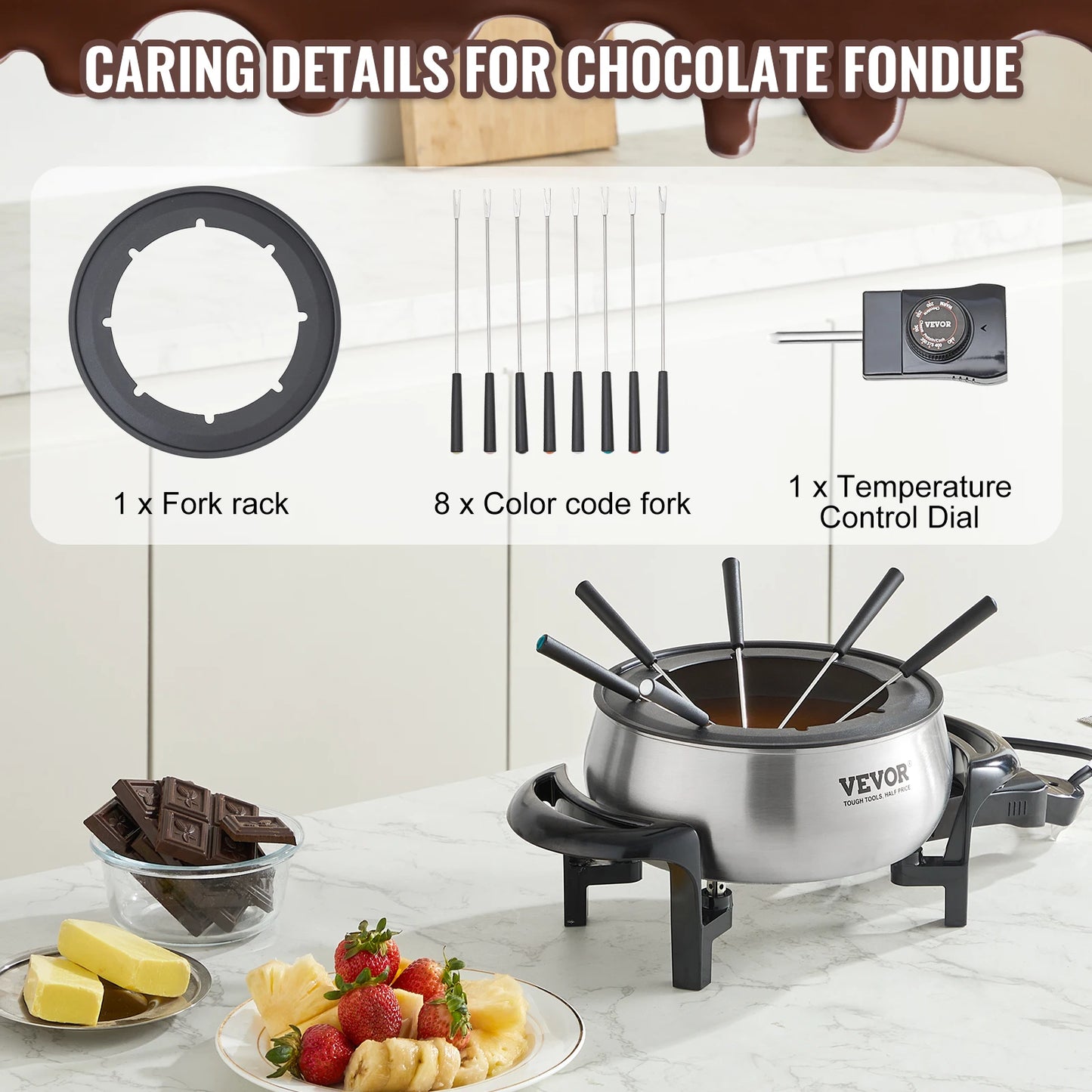 VEVOR Electric Fondue Pot Set for Cheese & Chocolate 3 Quart Chocolate Melting Stainless Steel Fondue with Temperature Control