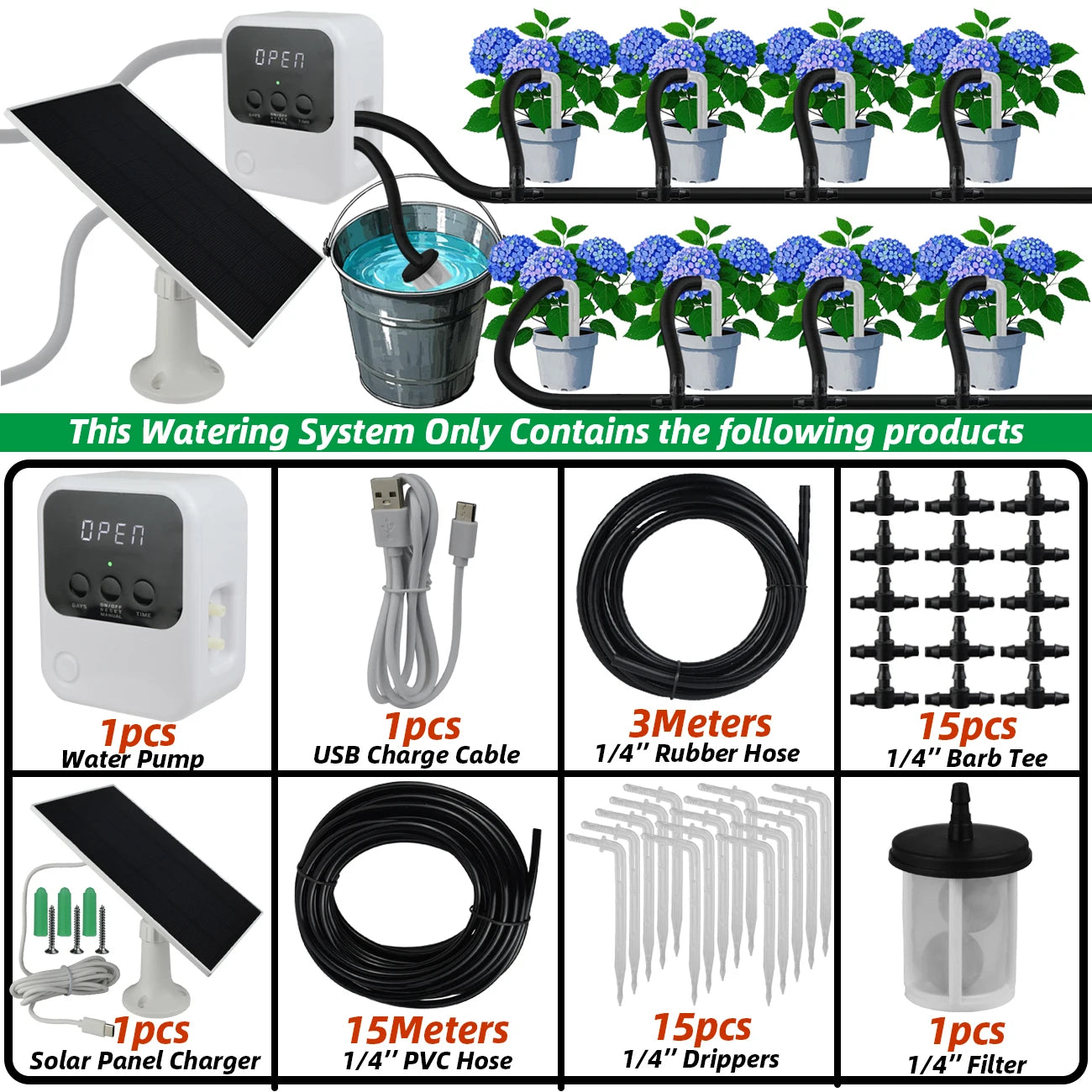 Garden Solar Powered Timer Drip Irrigation Kit DIY Automatic Watering System Drippers Nozzles for Balcony Potted Plants Flowers