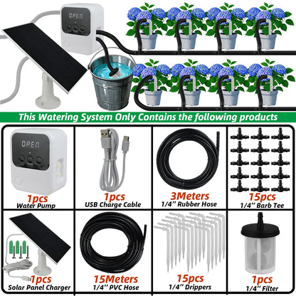 Garden Solar Powered Timer Drip Irrigation Kit DIY Automatic Watering System Drippers Nozzles for Balcony Potted Plants Flowers