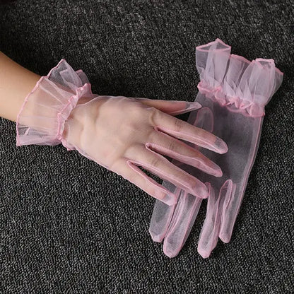 Women Short Tulle Gloves Sexy Lace Mittens Tulle Full Finger Gloves Lady Driving Glove Transparent Mittens Wedding Bridal Gloves