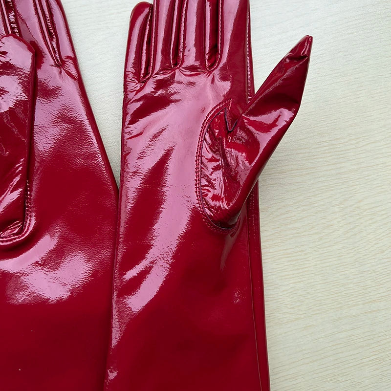 Long Gloves For Women Spring Winter Male Patent Leather Fashion Catwalk Motorcycle Riding Luvas Brilliant Warm Arm Warmer Gants