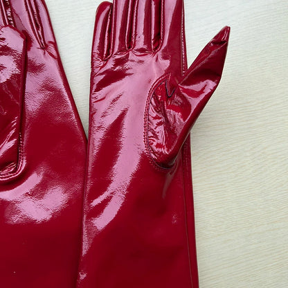 Long Gloves For Women Spring Winter Male Patent Leather Fashion Catwalk Motorcycle Riding Luvas Brilliant Warm Arm Warmer Gants