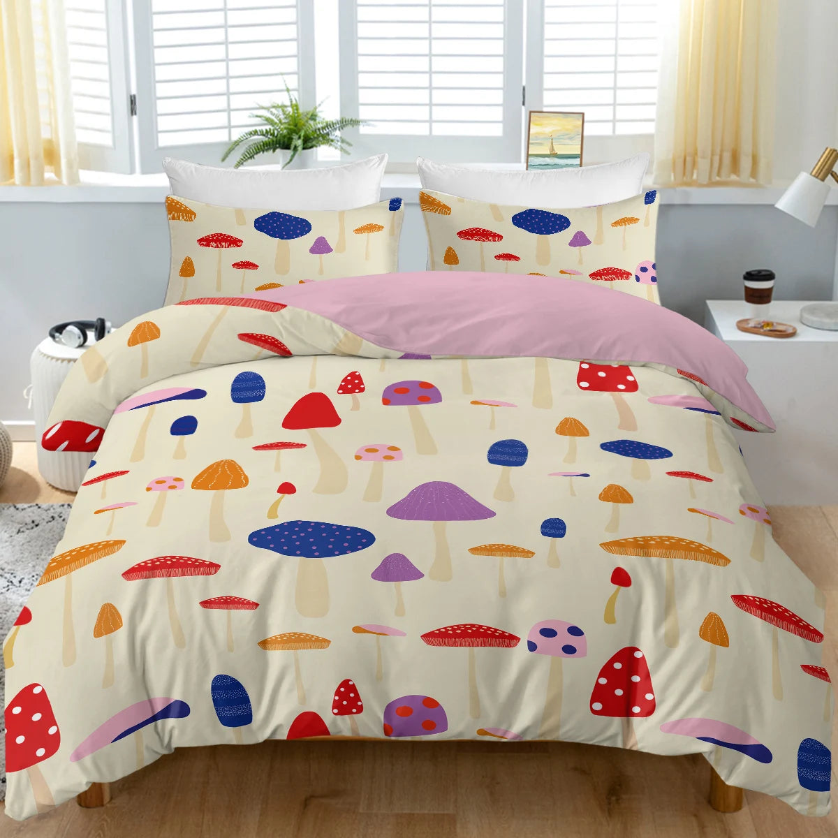 3pc Colourful Cartoon Mushrooms Design Bedding Set Quilt Cover with Zipper Closure 1 Duvet Cover and 2 Pillow Cases
