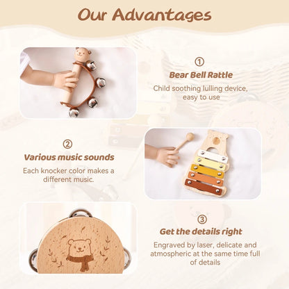 Wooden Baby Montessori Toys Musical Rattle Instruments Xylophone Percussion Sensory Rattle Toys Educational for Baby Toys Gifts