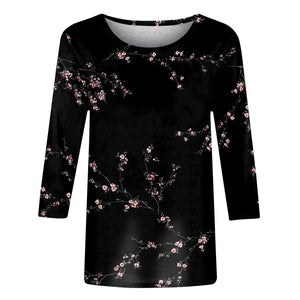 Female Clothing Delicate Fashion Shirts Floral Round Neck 3/4 Sleeves Printed Summer Women Pullover Daily Wear Vetement Femme