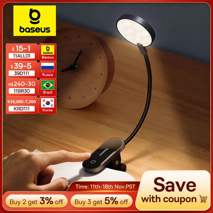 Baseus LED Clip Table Lamp Stepless Dimmable Wireless Desk Lamp Touch USB Rechargeable Reading Light LED Night Light Laptop Lamp