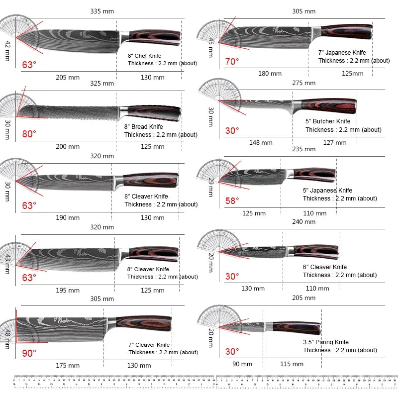 Japanese Kitchen Knife Set Laser Damascus Pattern Stainless Steel  Sharp Cleaver Slicing Utility Knives Kitchen Tools