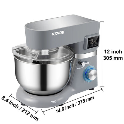 VEVOR Stand Mixer 660W Electric Dough Mixer with 6 Speeds LCD Screen Timing 5.8 Qt Stainless Steel Bowl Dough Hook Flat Beater
