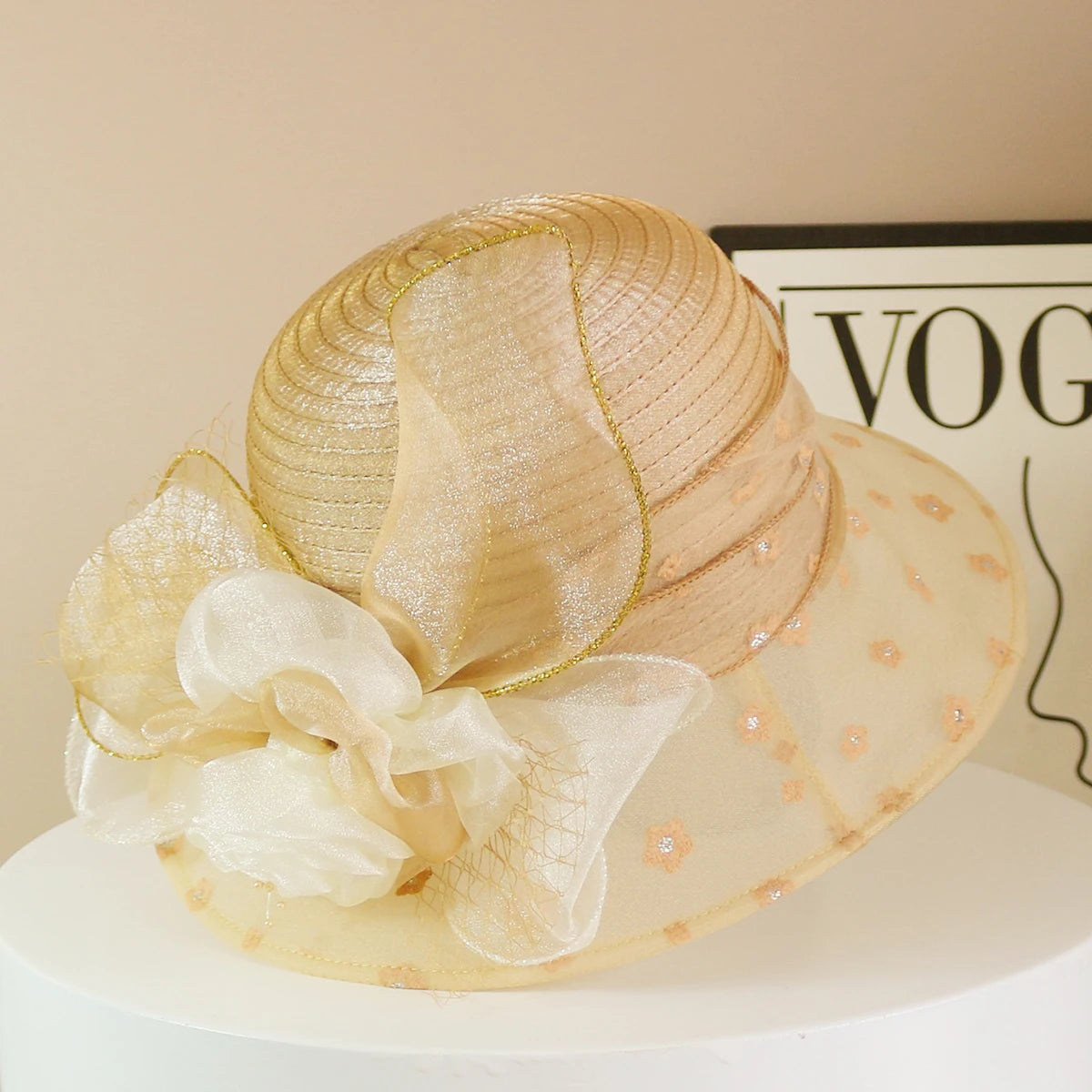 Fashion Hat Women Top Hat Elegant Organza Flower Wide Brim Sun Hat for Women Retro Style Party Banquet Accessory Foldable Beach