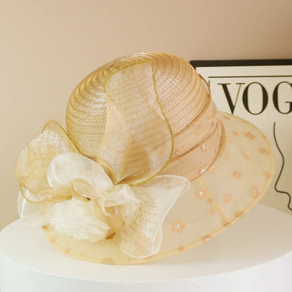 Fashion Hat Women Top Hat Elegant Organza Flower Wide Brim Sun Hat for Women Retro Style Party Banquet Accessory Foldable Beach