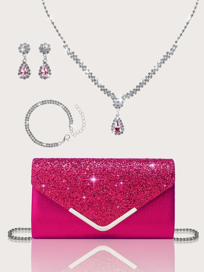 Gorgeous and elegant sparkly women's clutch bag, paired with a gorgeous rhinestone necklace, earrings and bracelet set of four.