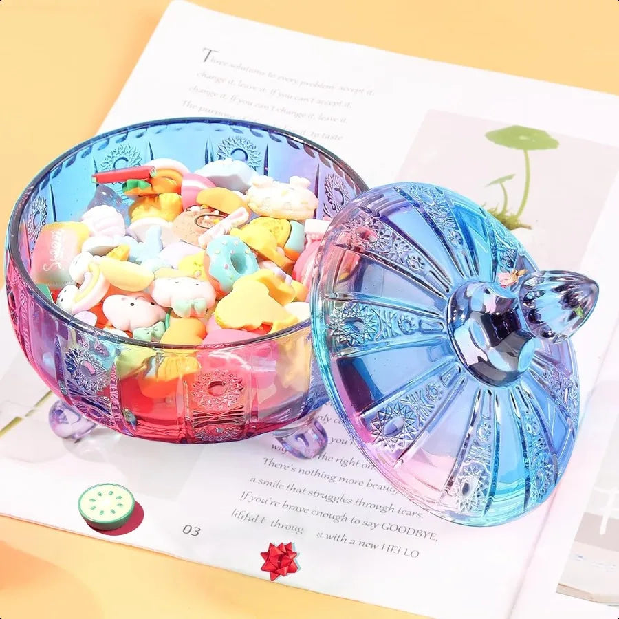 Purple Glass Candy Dish with LidEmbossed Candy Jar with Lid 16oz Vintage Candy Dishes Bowl with Lids for Office Desk Coffee Tab