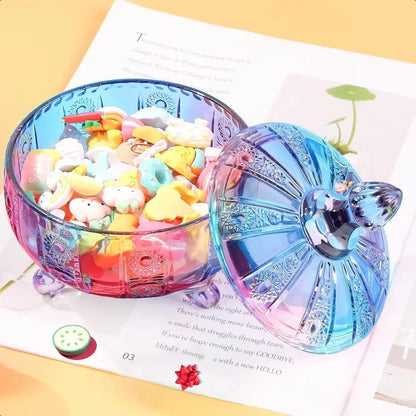 Purple Glass Candy Dish with LidEmbossed Candy Jar with Lid 16oz Vintage Candy Dishes Bowl with Lids for Office Desk Coffee Tab