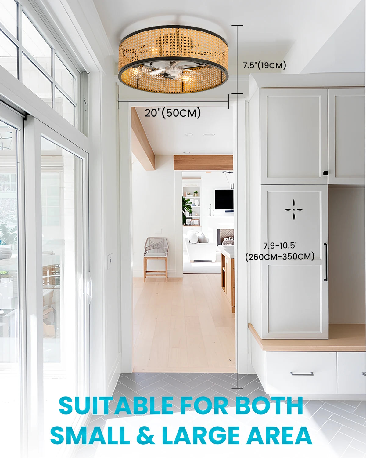 20" Flush Mount Ceiling Fan with Light & Remote Control, Drum Shade, Bladeless/Quiet Motor/Low Profile, for Kitchen Bedroom