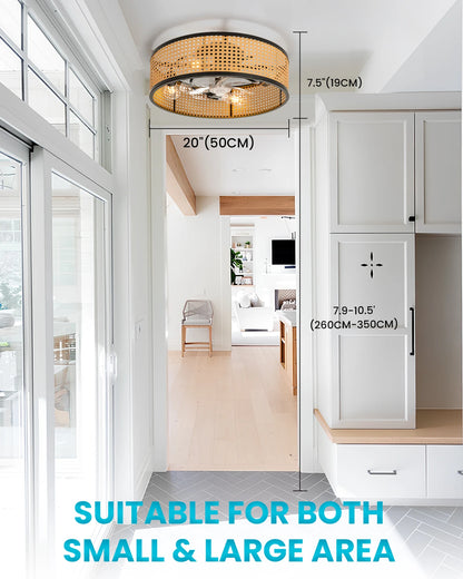 20" Flush Mount Ceiling Fan with Light & Remote Control, Drum Shade, Bladeless/Quiet Motor/Low Profile, for Kitchen Bedroom