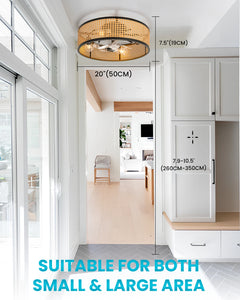 20" Flush Mount Ceiling Fan with Light & Remote Control, Drum Shade, Bladeless/Quiet Motor/Low Profile, for Kitchen Bedroom