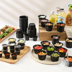 1205.5 oz Black Portion Cups Small Plastic Containers with Lids Airtight and Stackable Souffle Cups Salad Dressing Container Sa