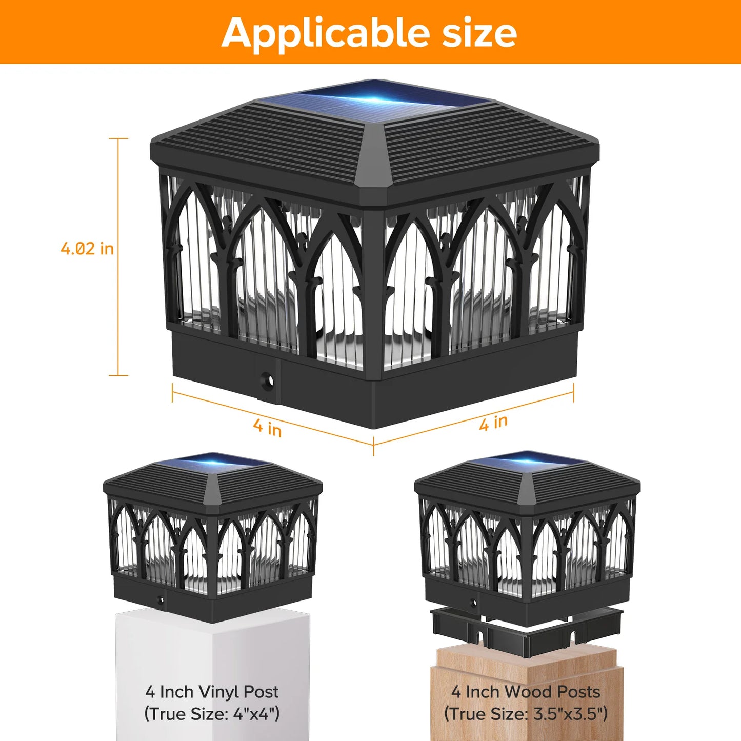 4 Pack Solar Flame Post Cap Lights, 2 Modes (Flame/Warm), IPX5, Fit 3.5x3.5/4x4 Posts, for Deck/Fence/Yard, Vinyl/Wooden