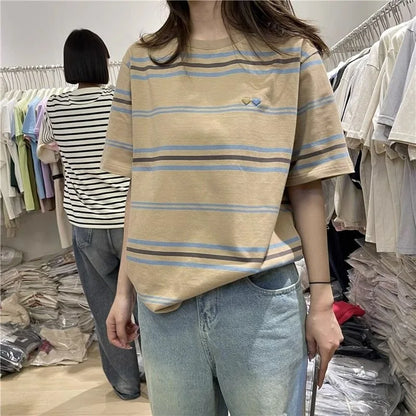 Women's Clothing American Beautiful Contrast Stripe Short Sleeve T-Shirt Summer Loose Casual Versatile Fashion Top