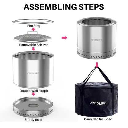 19.5'' Smokeless Fire Pit, Outdoor Stainless Steel Firepit with Carry Bag, Wood Burning Portable Fireplaces for Camping Bonfire