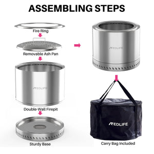 19.5'' Smokeless Fire Pit, Outdoor Stainless Steel Firepit with Carry Bag, Wood Burning Portable Fireplaces for Camping Bonfire